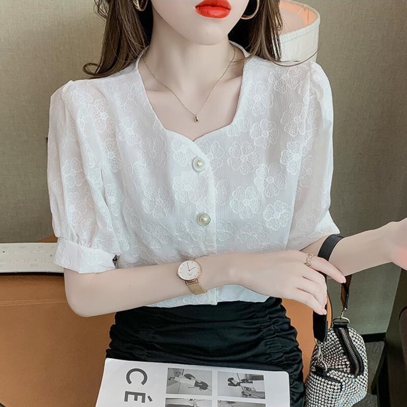 Áo Sơ Mi Chiffon Tay Ngắn In Họa Tiết Hoa Thời Trang Mùa Hè Phong Cách Hàn Quốc Dành Cho Nữ