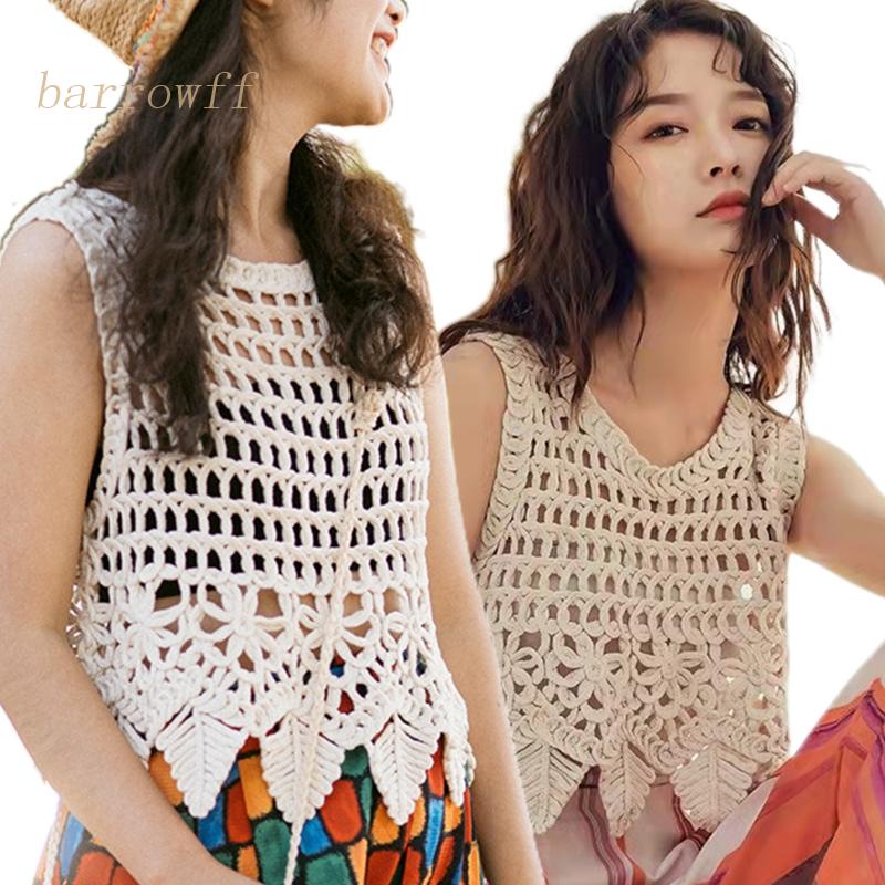 Brroa Áo Croptop Dệt Kim Không Tay Viền Lá Rỗng Thời Trang Đi Biển Cho Nữ