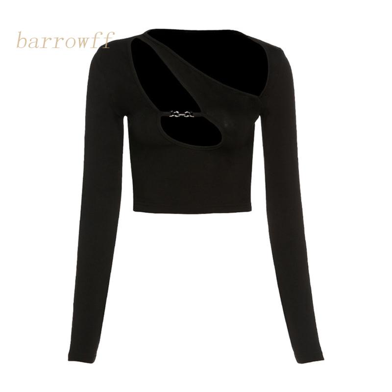 Brroa Áo Croptop Tay Dài Dáng Ôm Co Giãn Khoét Rỗng Không Đối Xứng Màu Đen Phong Cách Harajuku Quyến Rũ Cho Nữ