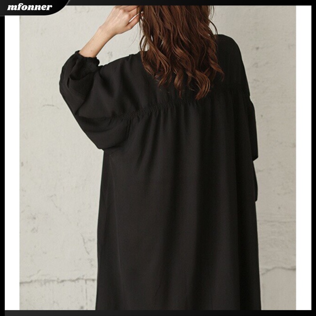 Đầm Dài Dáng Rộng Cổ Tròn Tay Phồng Màu Sắc Đơn Giản Thời Trang Cho Nữ