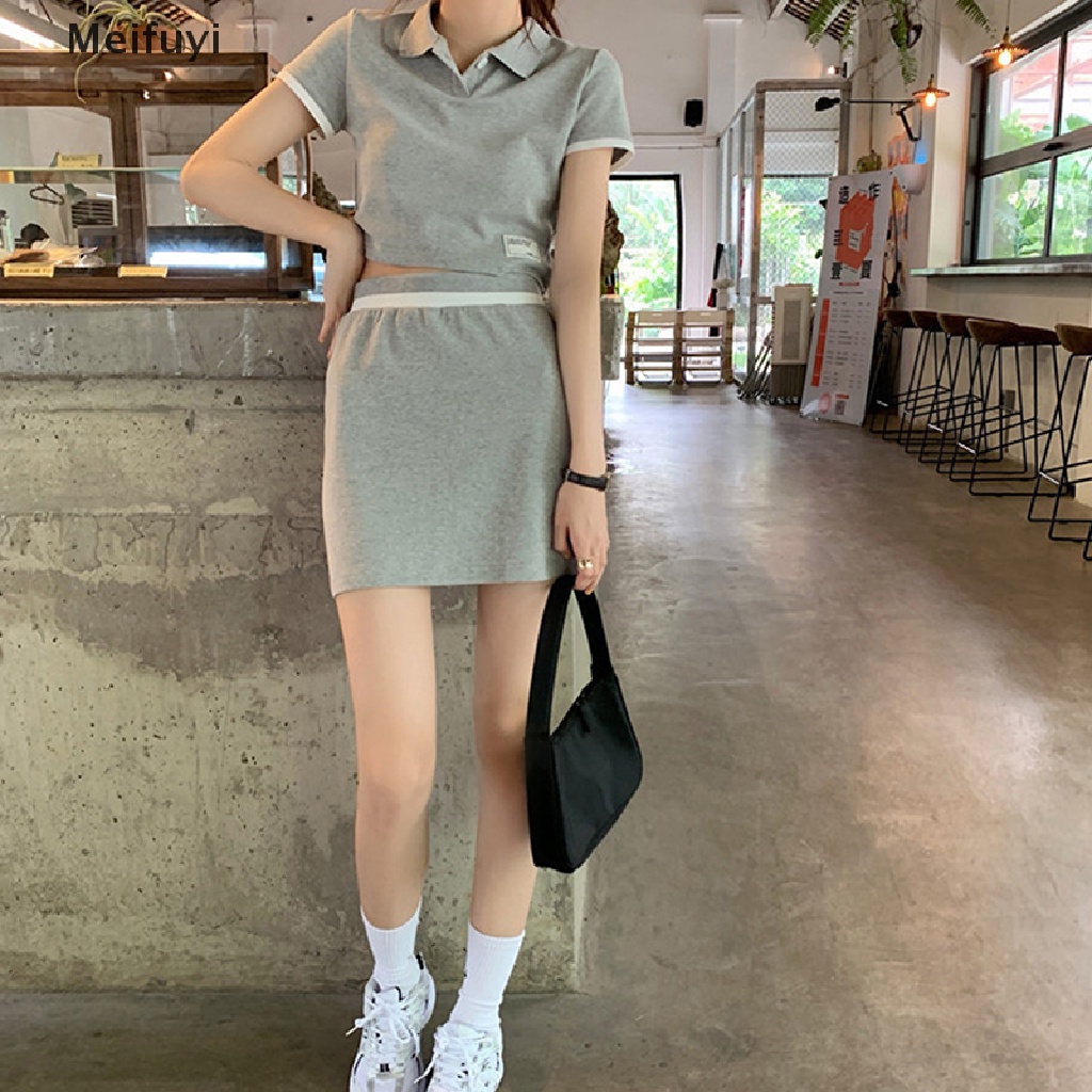 Bộ Áo Croptop Cổ Polo + Chân Váy Lưng Cao Màu Tương Phản Thời Trang Mùa Hè 2023 Mới Cho Nữ