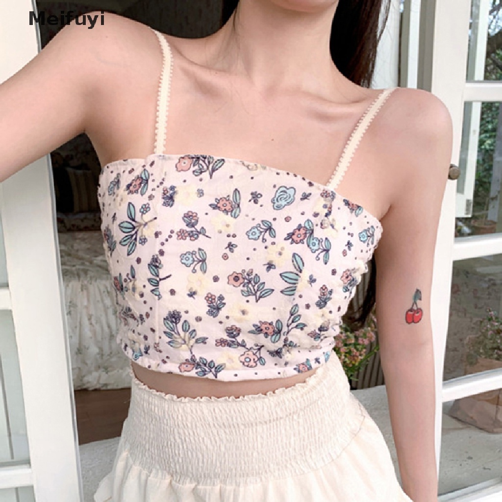 [Meifuyi] Áo Crop Top Hai Dây In Hoa Có Đệm Lót Dáng Ôm Dành Cho Bạn Nữ