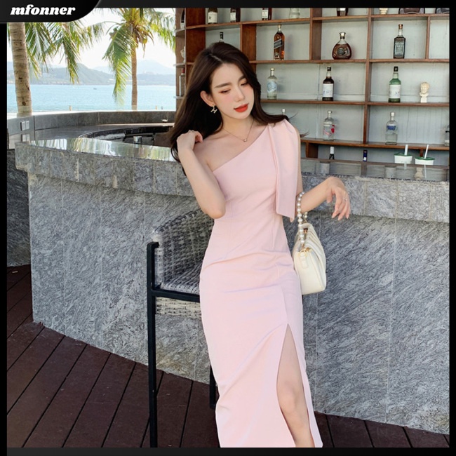 Đầm Midi Dáng Chữ A Sát Nách Hở Vai Phối Nơ Xinh Xắn