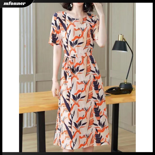 Đầm Midi Tay Ngắn Cổ Tròn Buộc Eo In Họa Tiết Lãng Mạn Thời Trang Cho Nữ