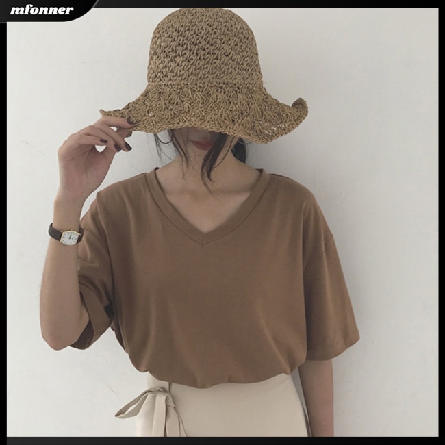 Áo Thun Tay Ngắn Cổ Chữ V Màu Sắc Đơn Giản Cho Nữ