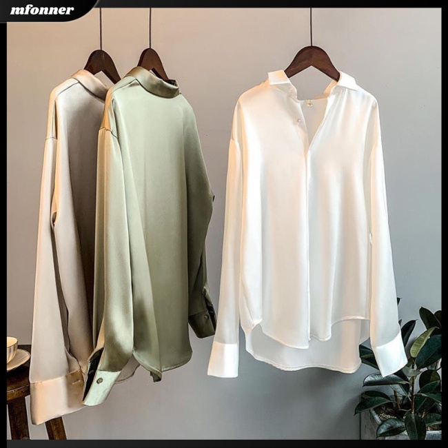 Áo Sơ Mi Satin Dài Tay Dáng Rộng Màu Sắc Đơn Giản Thanh Lịch Cho Nữ