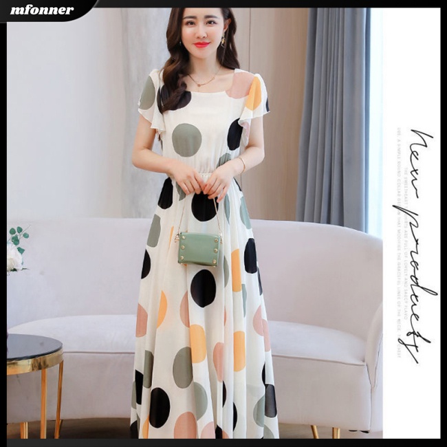 Đầm Dài Dáng Chữ A Tay Loe Cổ Tròn Họa Tiết Chấm Bi Thiết Kế Chiết Eo Nữ Tính