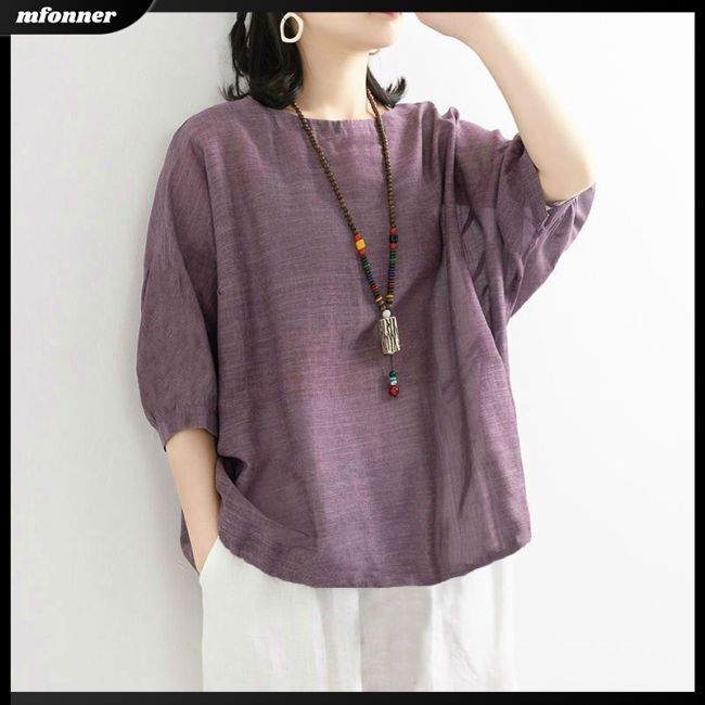 Áo Thun Cotton Lanh Tay Ngắn Dáng Rộng Màu Sắc Đơn Giản Trẻ Trung Dành Cho Nữ