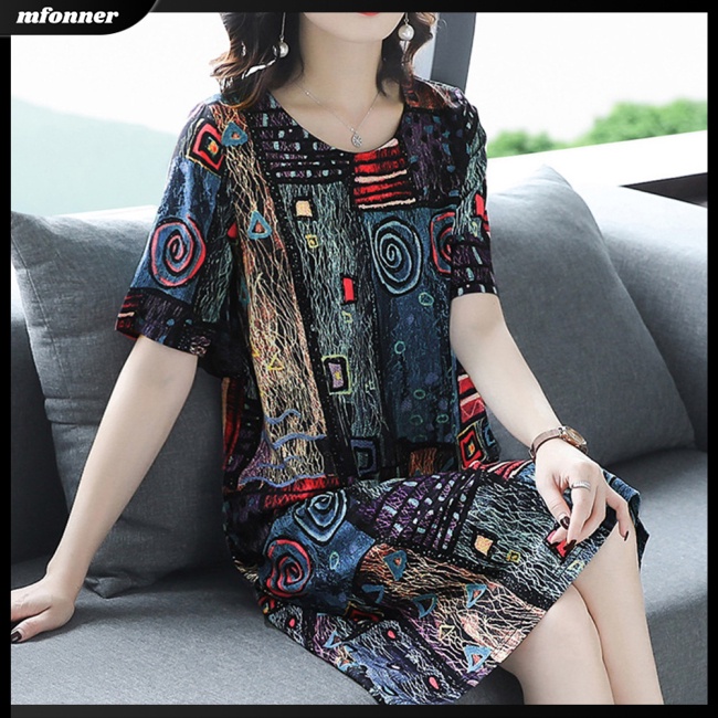 Đầm Midi Tay Ngắn Cổ Tròn In Họa Tiết Phong Cách Cổ Điển Thời Trang Cho Nữ