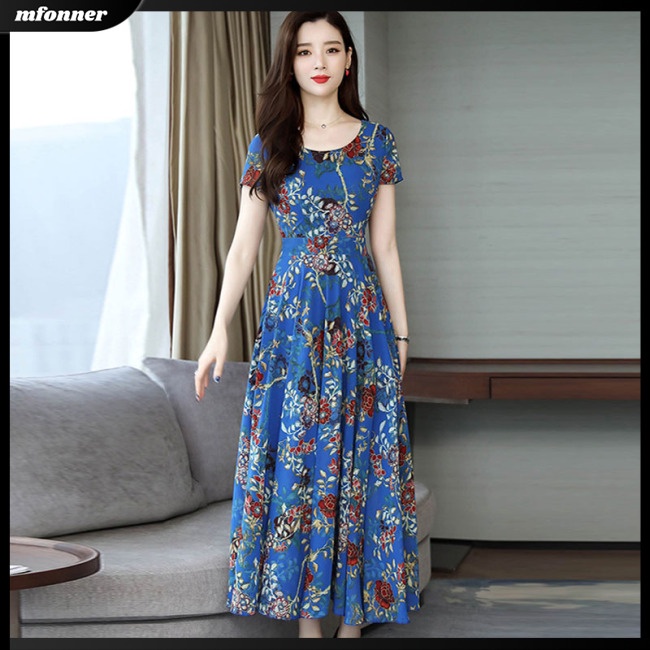 Đầm Dài Dáng Chữ A Tay Ngắn Họa Tiết Hoa Thời Trang Mùa Hè Cho Nữ