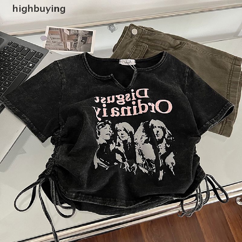 Áo Thun Tay Ngắn Cổ Chữ V Phối Dây Rút In Họa Tiết Phong Cách Retro Cho Nữ