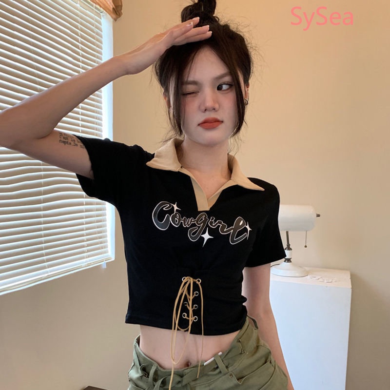 Áo Sơ Mi Cổ Bẻ Rút Dây In Họa Tiết Phong Cách Hàn Quốc Thời Trang Mùa Hè Cho Nữ