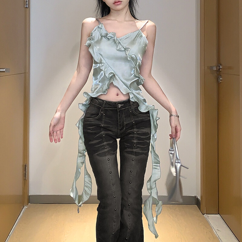 Kliou 2023 Mới Áo Tank Top Cổ Chữ V Phối Bèo Nhún Màu Trơn Thời Trang 2023 new Y2K