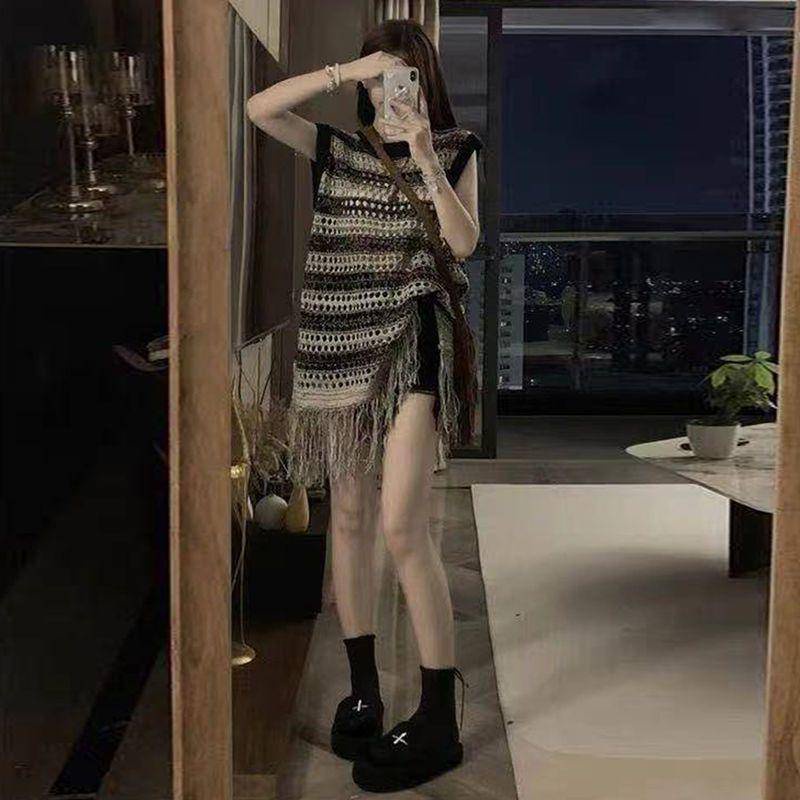 Áo Thun Dệt Kim Ngắn Tay Dáng Rộng Đục Lỗ Phối Tua Rua Kiểu Retro Thời Trang Pháp