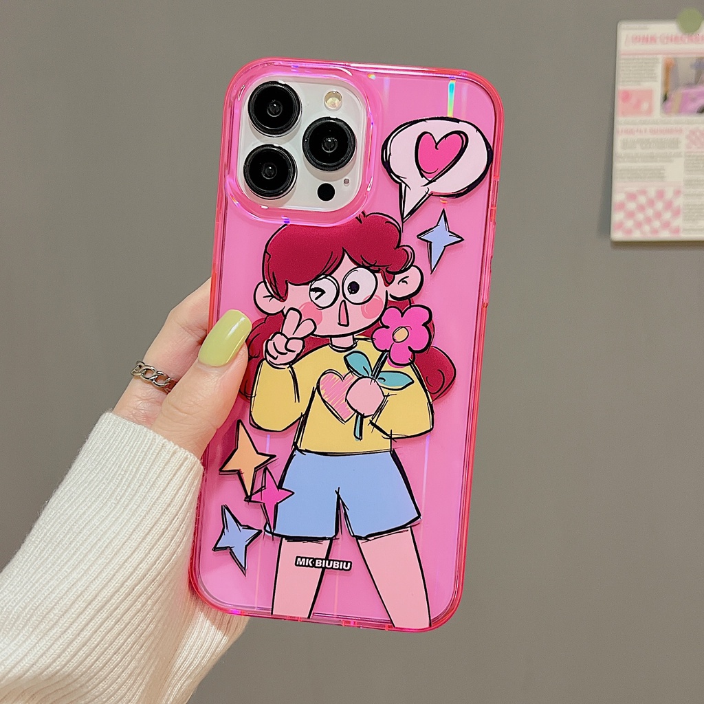 Ốp Điện Thoại Silicon Họa Tiết Hoạt Hình Cô Gái &amp; Hoa Xinh Xắn Chống Sốc Cho iPhone 14 13 12 11 Pro Max