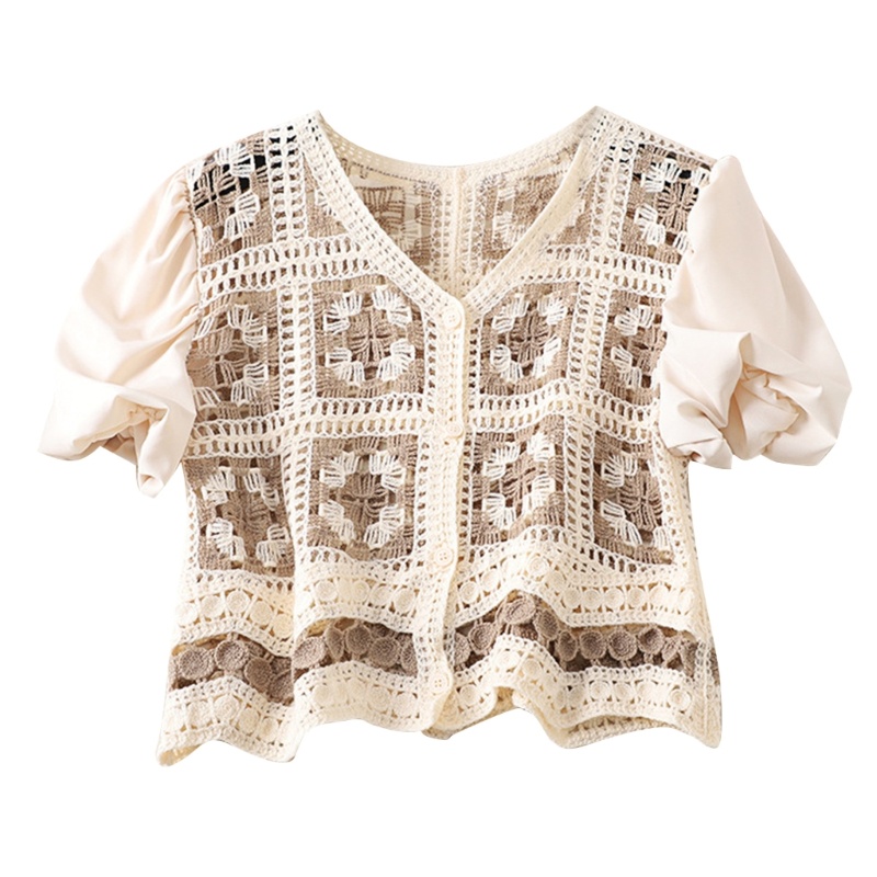 Xiangbao Áo Cardigan Dệt Kim Tay Ngắn Phồng Cài Nút Kiểu Vintage Cho Nữ