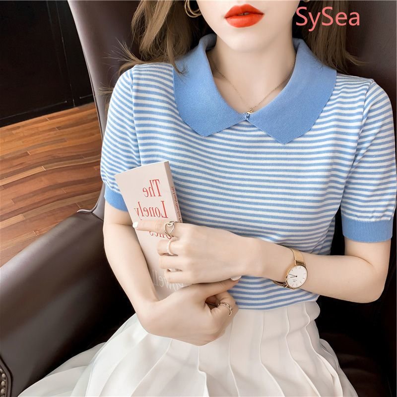 Áo Dệt Kim Kẻ Sọc Cổ Búp Bê Thời Trang Mùa Hè Hàn Quốc Cho Nữ