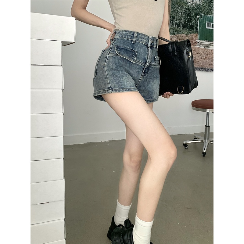 Quần Short Denim Lưng Cao Phối Túi Cá Tính Thời Trang
