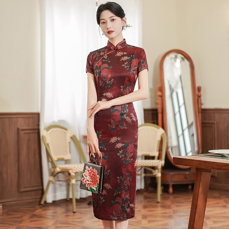 Đầm Sườn Xám Cách Tân Dáng Dài Vừa Hoạ Tiết Hoa Phong Cách Trung Hoa Cổ Điển Thời Trang Cho Nữ 2023 Size Lớn Qipao M Đến 5XL
