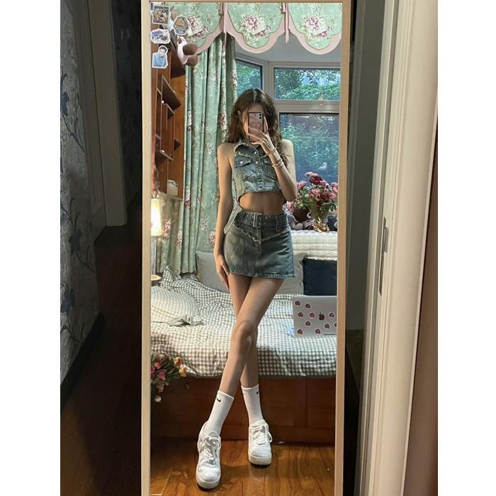 Set Áo denim Sát Nách Và Chân Váy Lưng Cao Phong Cách Retro Dành Cho Nữ