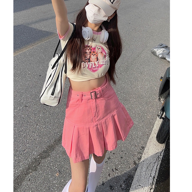 Chân Váy Denim Chữ a Xếp Ly Thời Trang RENJIANVSHENG Mùa Hè Cho Nữ