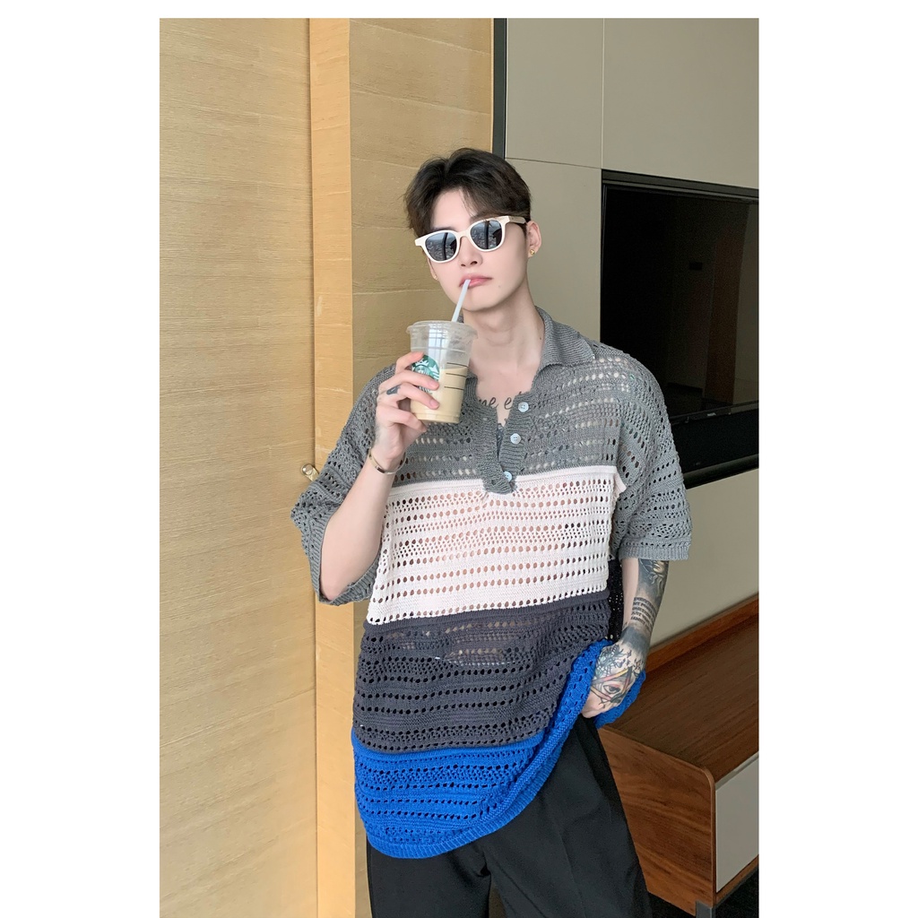 Áo Thun polo Dệt Kim Tay Ngắn Dáng Rộng Phối Nút Nhiều Màu Sắc Thời Trang Mùa Hè Cho Nam