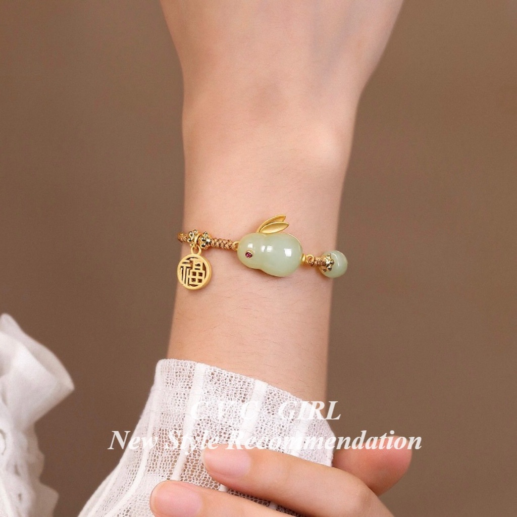 Vòng Tay Dây Rút Đính Ngọc Bích Giả Hình Thỏ Hetian Nhẹ Nhàng Sang Trọng Thương Hiệu Niche Fortune