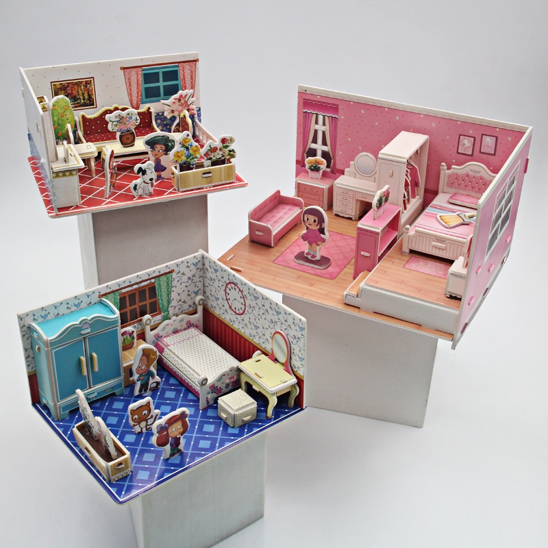 Bộ Đồ Chơi Xếp Hình Ngôi Nhà 3 Trong 1 Bằng Giấy Ba Chiều Dành Cho Bé Gái