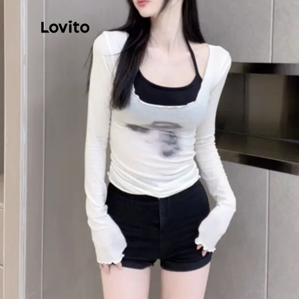 Lovito Bộ áo liền quần dài tay màu khối hình học giản dị có cổ dành cho nữ LNE07151 (Đen và trắng)
