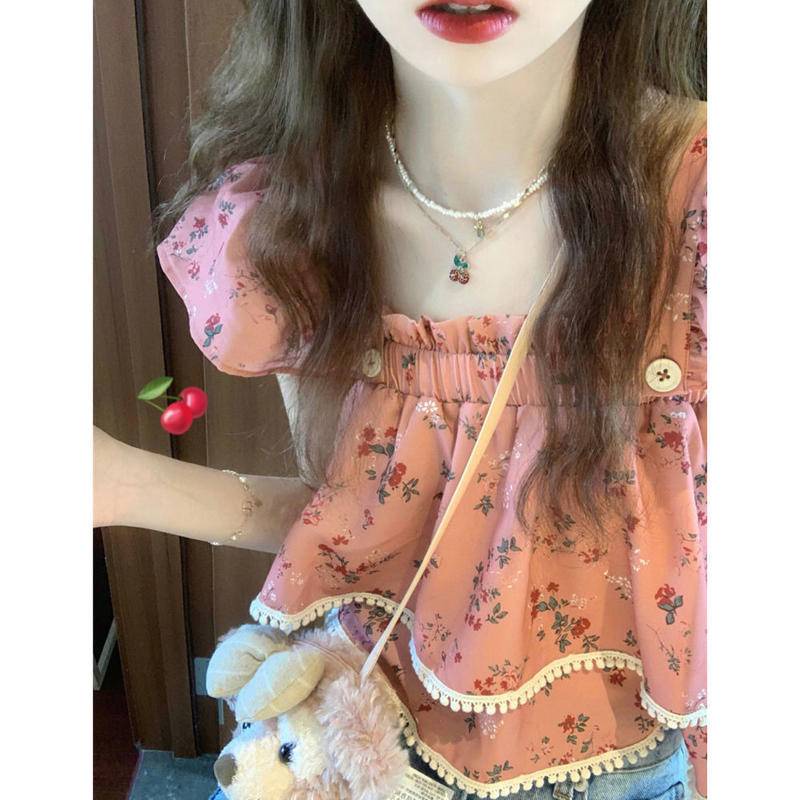 Áo Thun Ngắn Tay Cổ Vuông In Hoa Nhỏ Thiết Kế Xia Xiaozhong Ngọt Ngào Cho Nữ