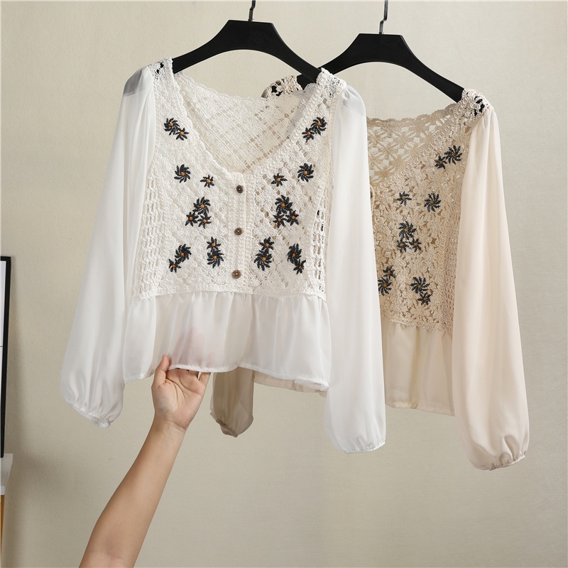 Áo Sơ Mi Chiffon Cổ Chữ V Thêu Họa Tiết Hoa Cúc Phong Cách Retro Dành Cho Nữ