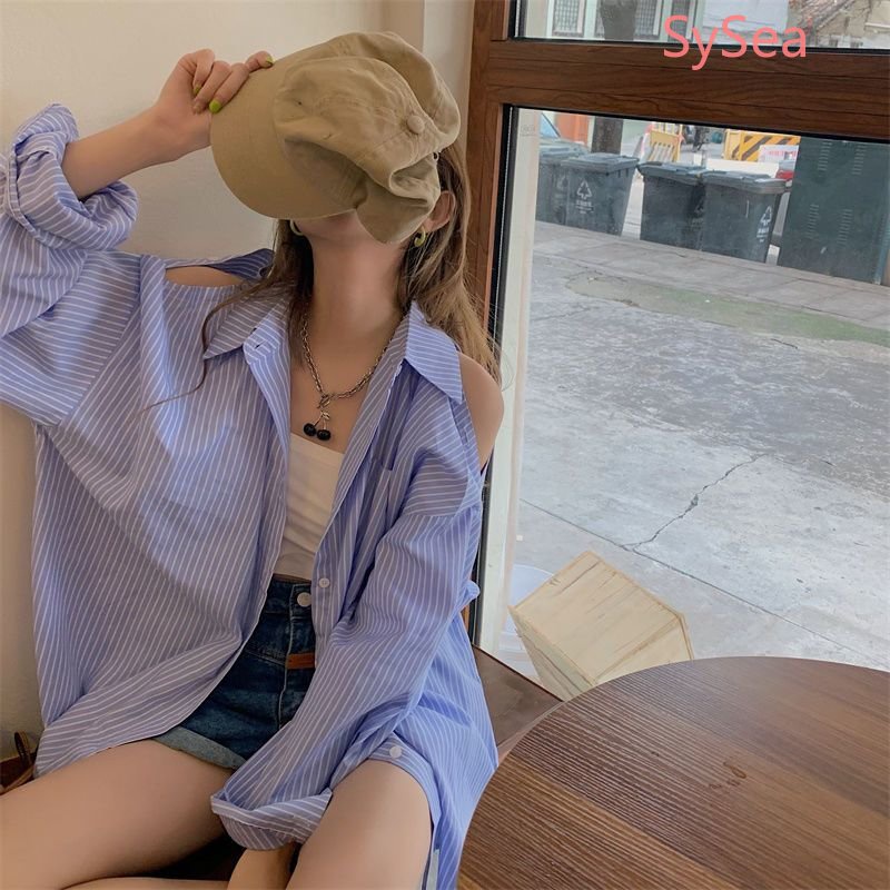 Áo Sơ Mi Dài Tay Trễ Vai Họa Tiết Kẻ Sọc Phong Cách Hàn Quốc