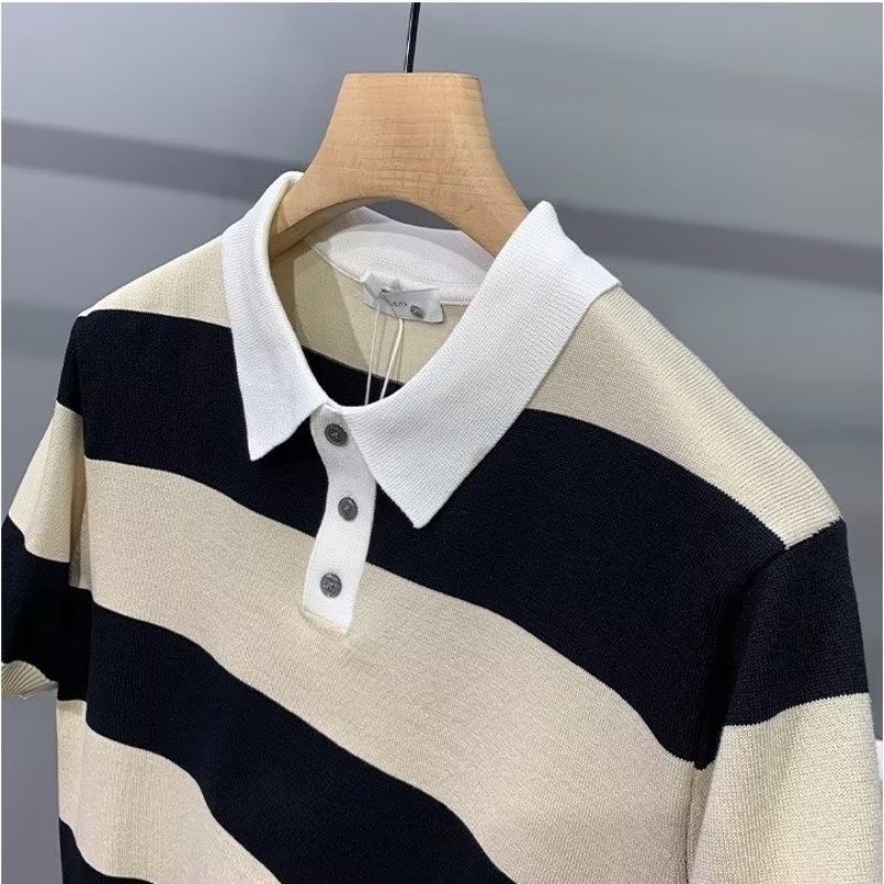 Áo Thun polo Dệt Kim Tay Ngắn Dáng Rộng Họa Tiết Kẻ Sọc Thời Trang Mùa Hè Cho Nam