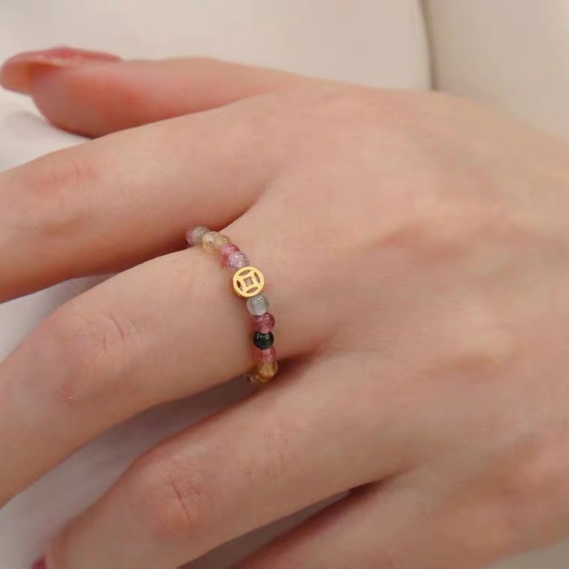 Nhẫn Đồng Xu Tourmaline Màu Cầu Vồng Tươi Tắn Nghệ Thuật Thời Trang Ngọt Ngào Cao Cấp Co Giãn Dành Cho Nữ Sinh