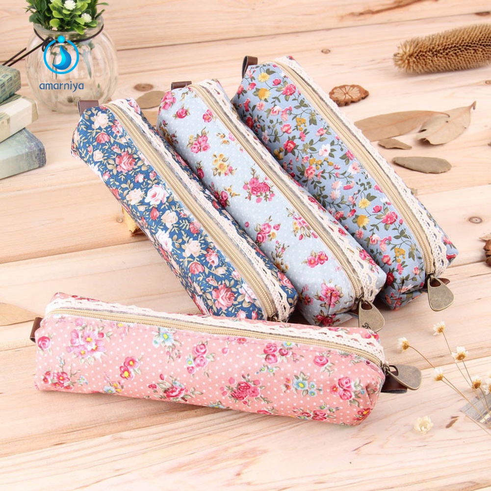(Shop Amart) Túi Đựng Bút In Hoa Có Dây Kéo Thời Trang