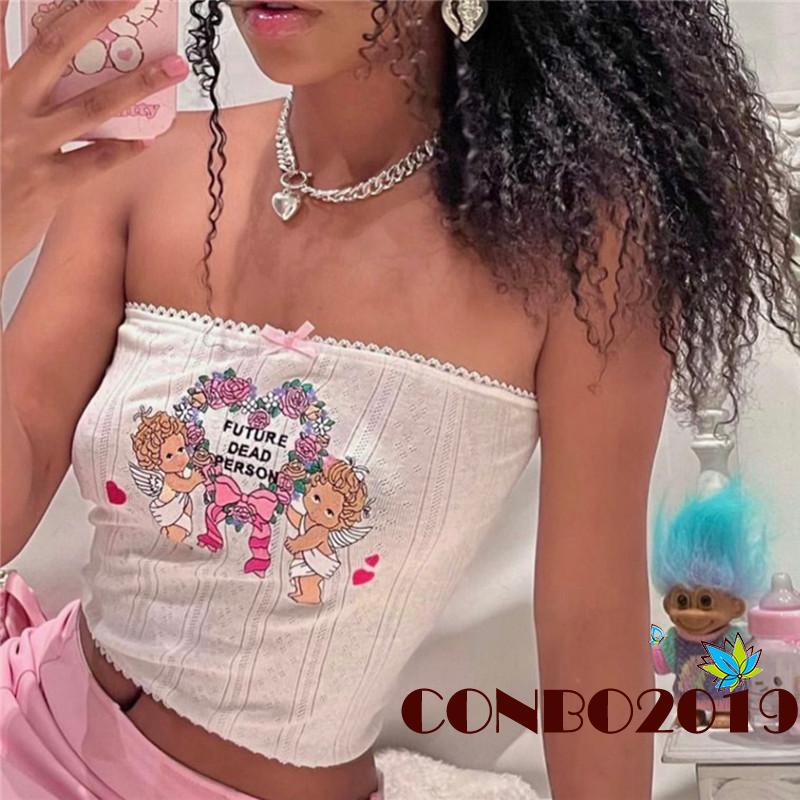 Áo Croptop Trễ Vai Không Tay Thêu Họa Tiết Thiên Thần Thời Trang Mùa Hè Cho Nữ