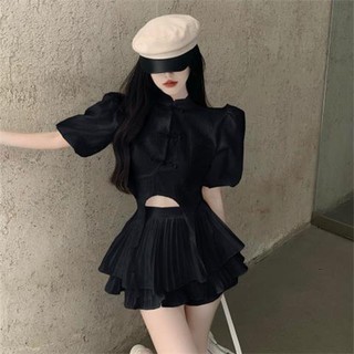 Bộ áo tay phồng + chân váy xếp ly lưng cao thời trang mùa hè mới dành cho nữ
