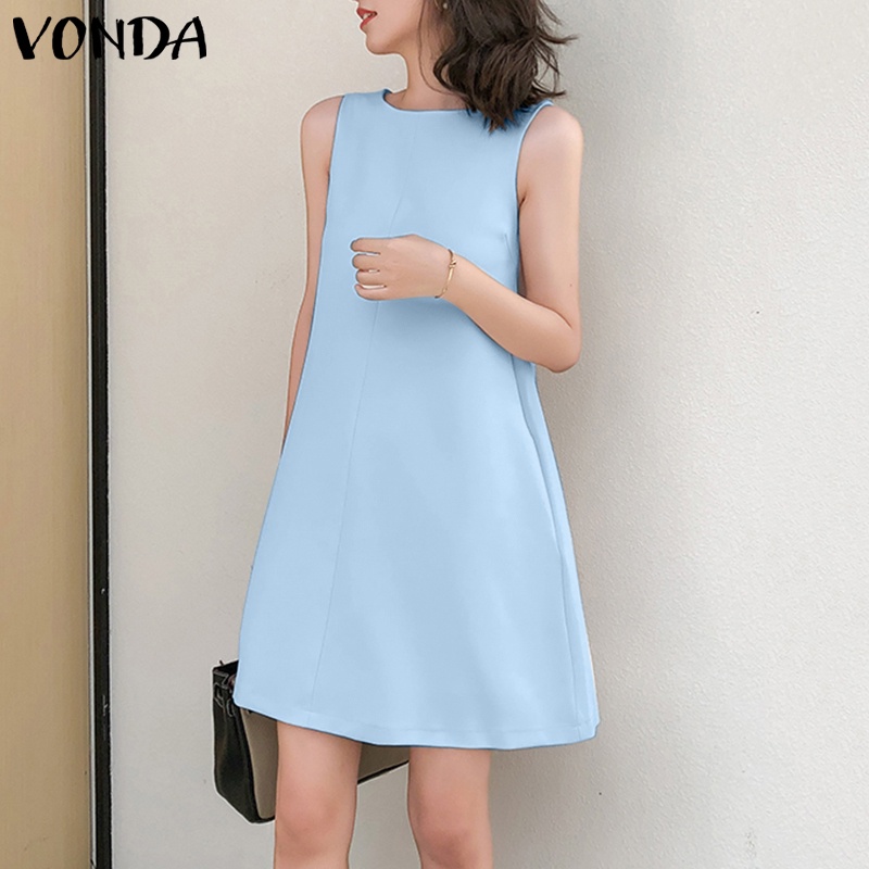 Đầm chữ A VONDA không tay cổ tròn màu trơn phối túi phong cách Hàn Quốc thời trang cho nữ