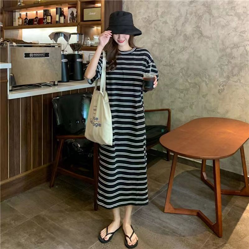 COZOK Váy Ngắn Tay Dáng Rộng Họa Tiết Sọc Thời Trang