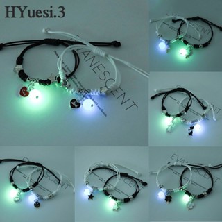 Bộ 2 Vòng Tay Dây Bện Mặt Hình Mèo / Mặt Trăng / Ngôi Sao Màu Dạ Quang Dễ Điều Chỉnh Thời Trang Mùa Hè