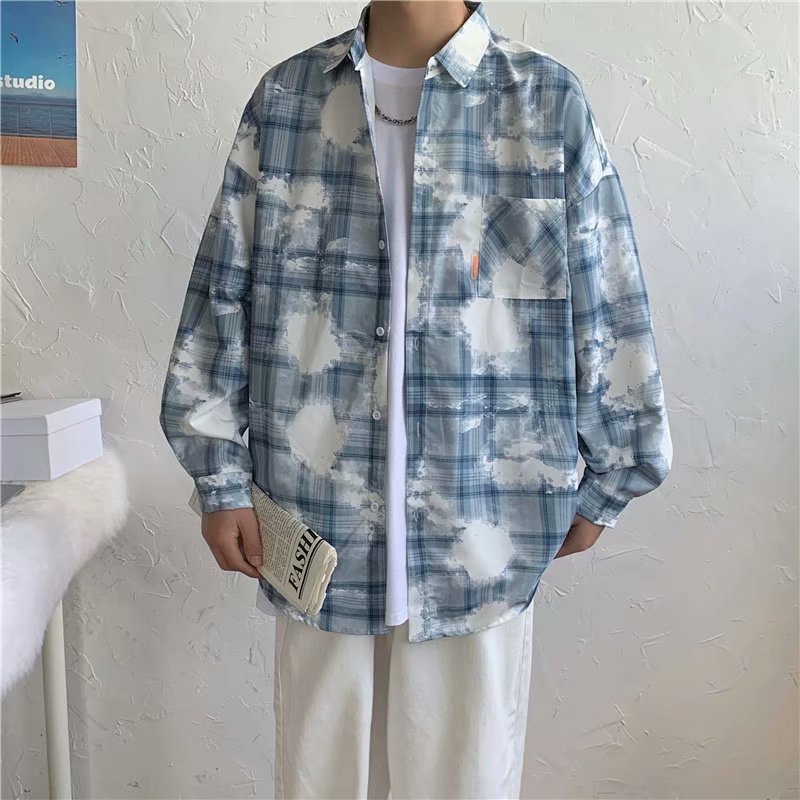 Áo Sơ Mi Dáng Rộng Sọc Ca Rô Nhuộm Màu Thời Trang Hip Hop Cá Tính Cho Nam