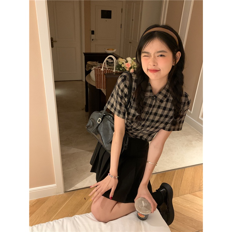 Áo Sơ Mi Nữ Cột Dây Eo Dáng Ngắn Họa Tiết Caro Thời Trang Mùa Hè Xinh Xắn