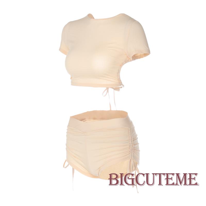 Set Đồ 2 Món Gồm Áo Crop Top Tay Cộc Hở Lưng + Quần Ngắn Dây Rút Bên Hông Cho Nữ