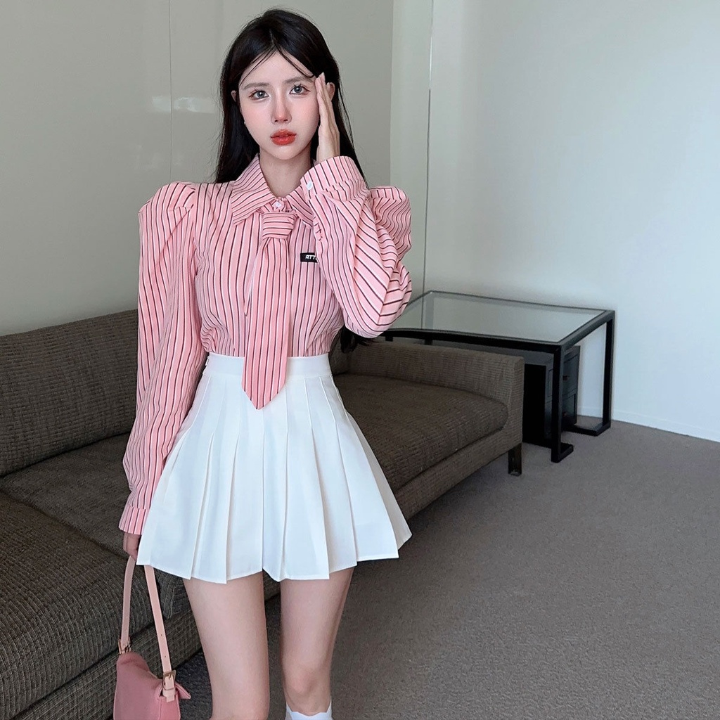 Áo Sơ Mi Tay Dài Dáng Ôm Họa Tiết Kẻ Sọc Phong Cách Hàn Quốc Thời Trang Cho Nữ