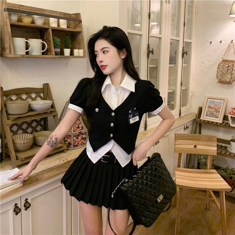 Ngọt ngào mát mẻ cô gái Mỹ học viện phong cách thiết lập váy va chạm màu ghép giả hai mảnh đầu cao eo váy xếp li thời