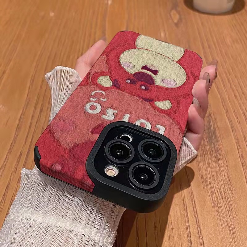 Ốp Điện Thoại Da Cừu Viền TPU Dẻo In Hình Gấu Dâu Mặt Cười Cho iPhone 11pro Max 14 Promax 11 12 / 13 / 6 / 7 / 8Plus / X Max