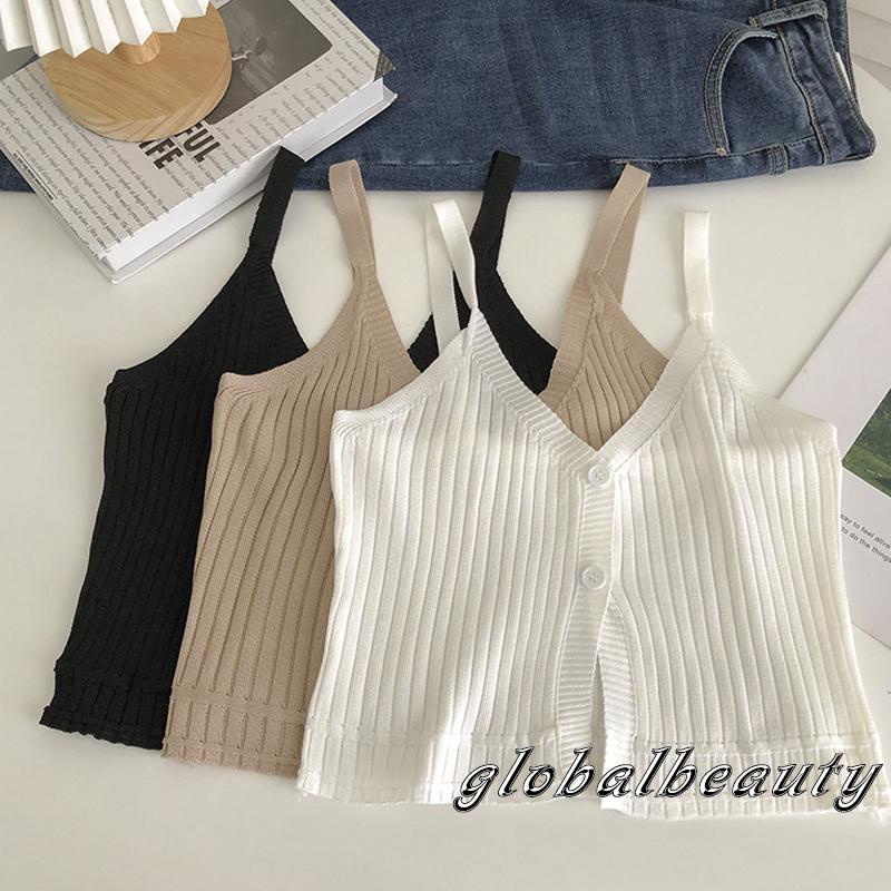 Áo Hai Dây Dệt Kim Mỏng Cổ Chữ V Cài Nút Thời Trang Mùa Hè Cho Nữ