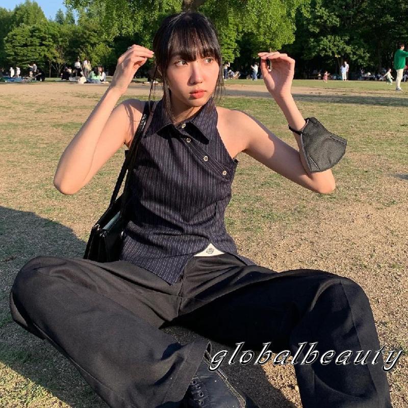 Áo Thun Không Tay Hở Lưng Ôm Dáng Họa Tiết Kẻ Sọc Màu Đen Dành Cho Nữ