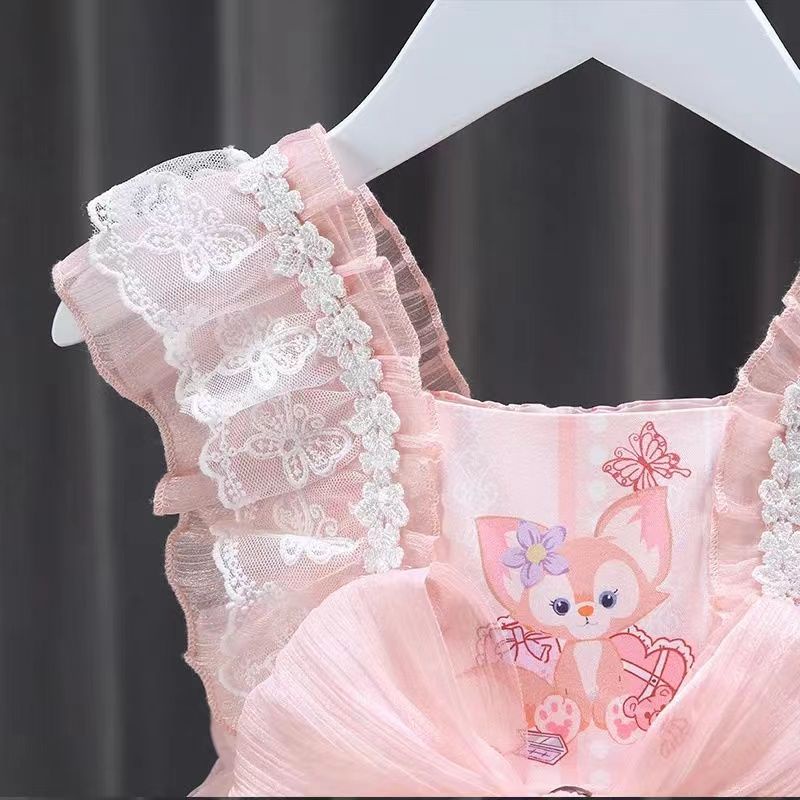 2023 mới màu hồng đầm bé gái Lolita Đầm công chúa ren trẻ em Đầm ngắn tay mùa hè