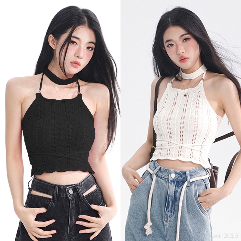Áo Croptop Dệt Kim Màu Sắc Trơn Thiết Kế Dây Đan Chéo Quyến Rũ